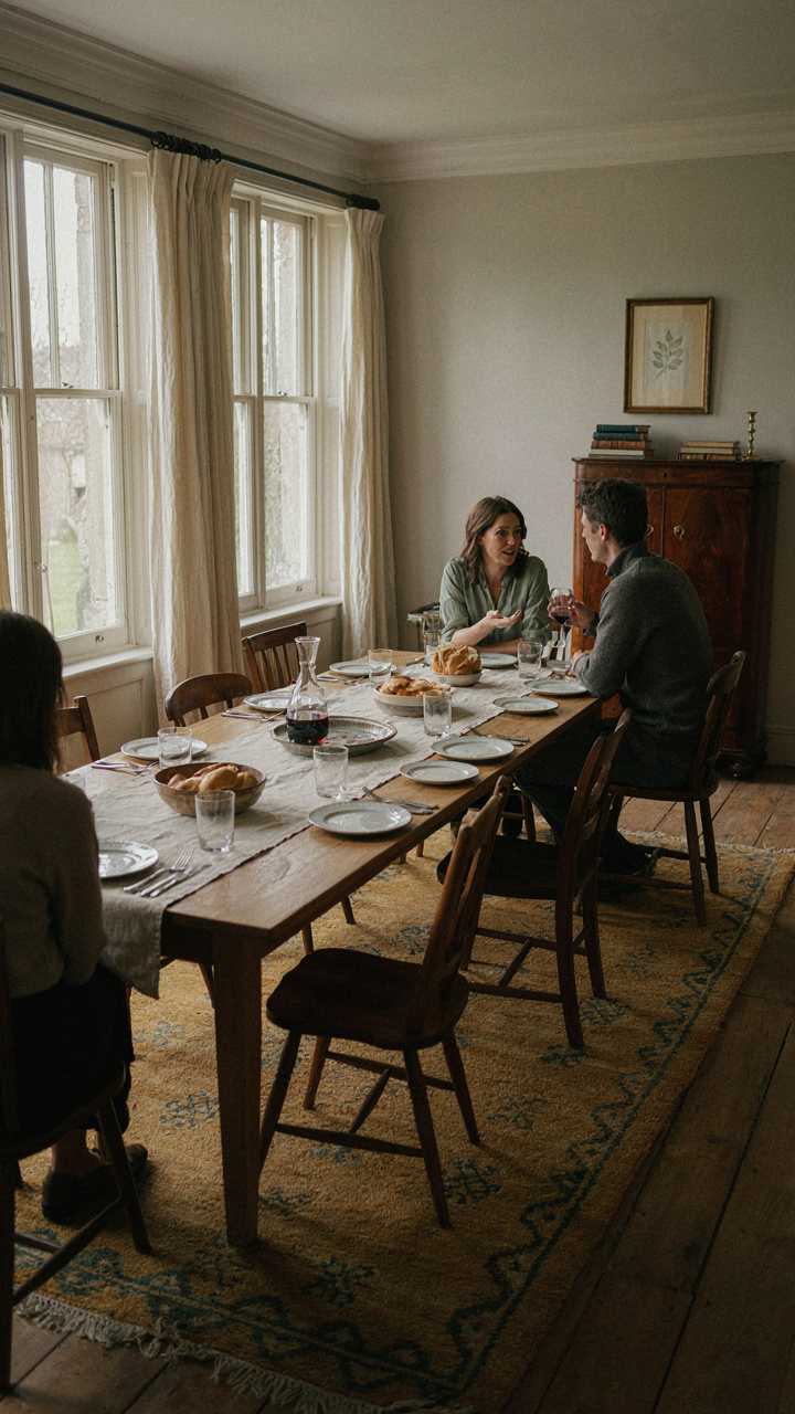 Georgian dining room with high ceilings, a wool rug, and linen curtains.