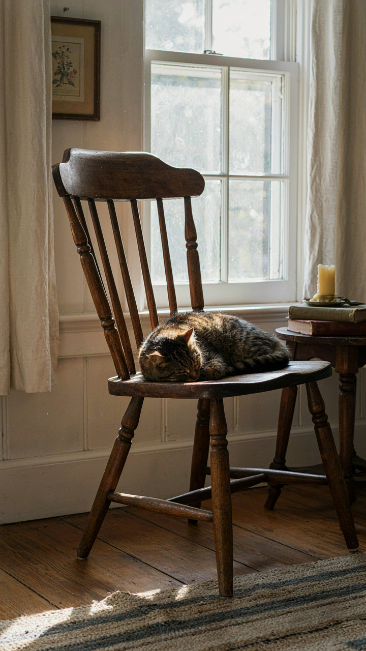 An antique Windsor chair with visible wear in a cottage interior.