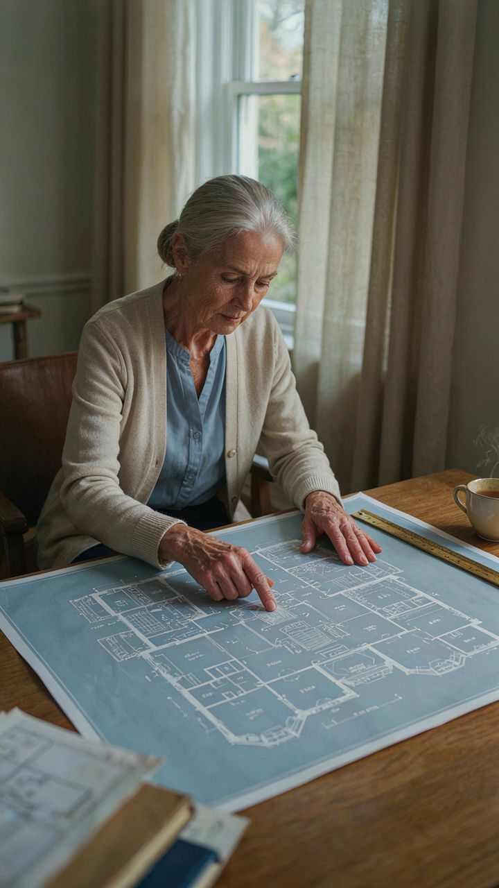An elderly woman studies a detailed Victorian home floor plan.