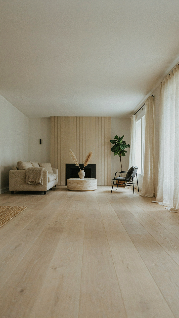 A long room where shiplap guides the eye to the fireplace.
