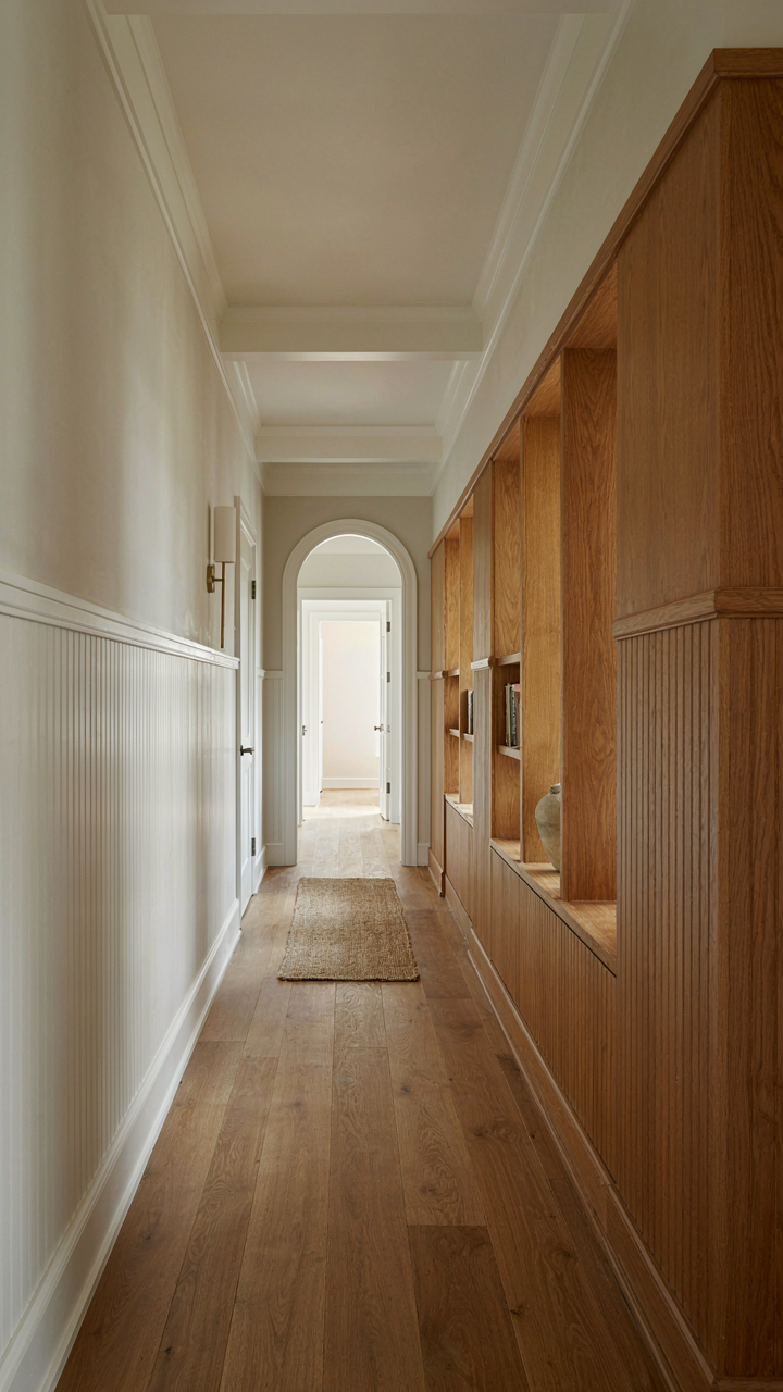 A craftsman hallway with consistent natural wood flooring and wainscoting.