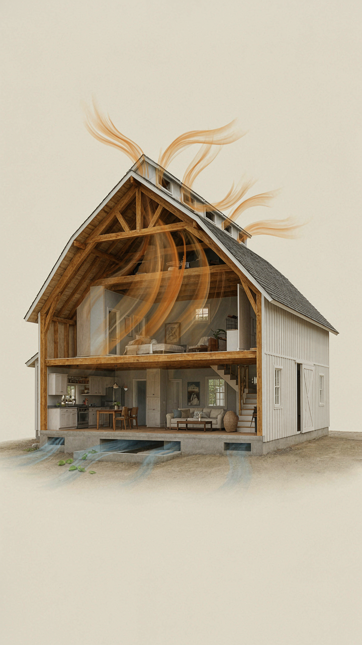 Cutaway diagram showing warm air rising and cool air entering a barn house.
