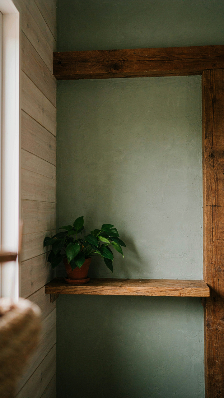 A green wall with shiplap and wood beams, next to a potted plant.