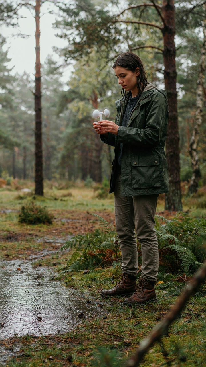 A person measures wind with an anemometer on a property where water pools after rain.