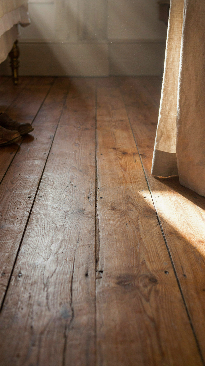 An uneven timber floorboard with natural wear in an english cottage bedroom.