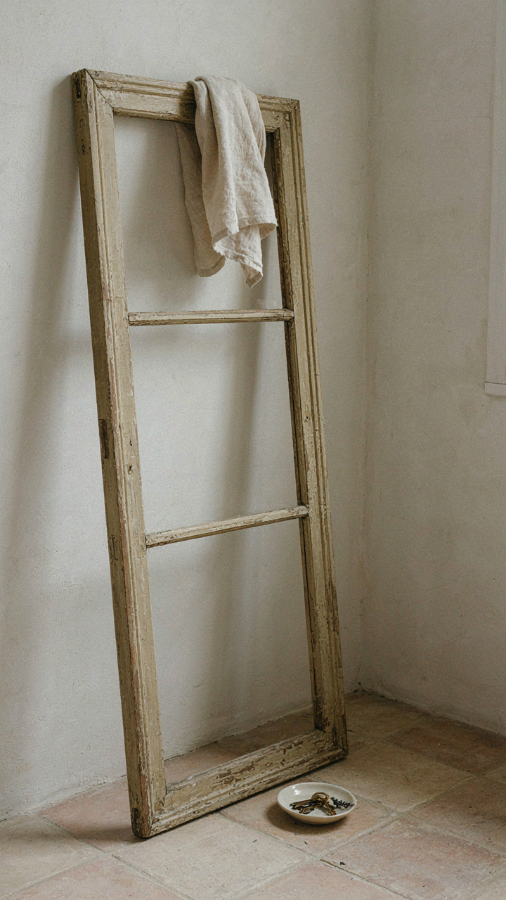 A salvaged 1890s door frame with chipped paint leaning against a bathroom wall.