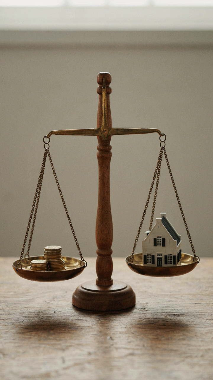 An old wooden scale shows gold coins balanced with a small Dutch colonial house model.