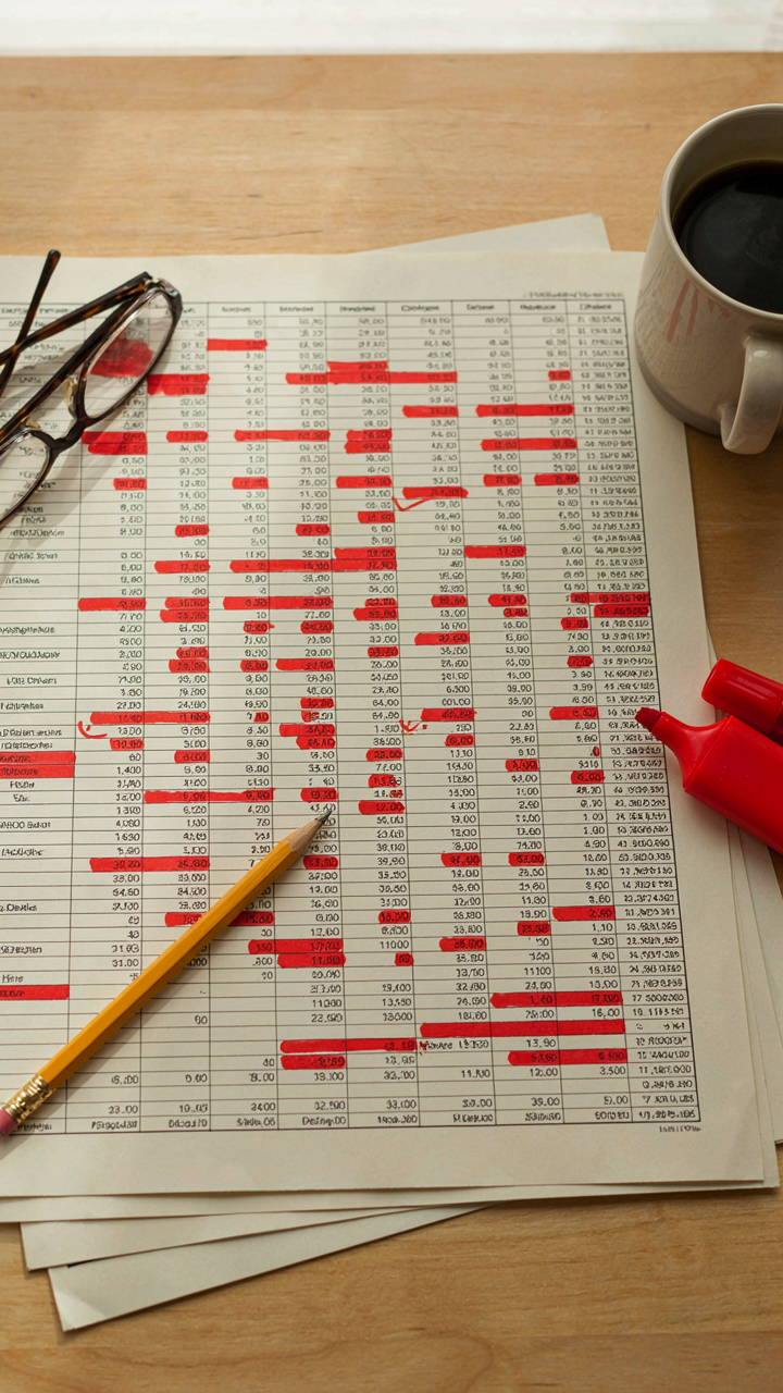 A construction budget spreadsheet has many line items highlighted in red for cost overruns.