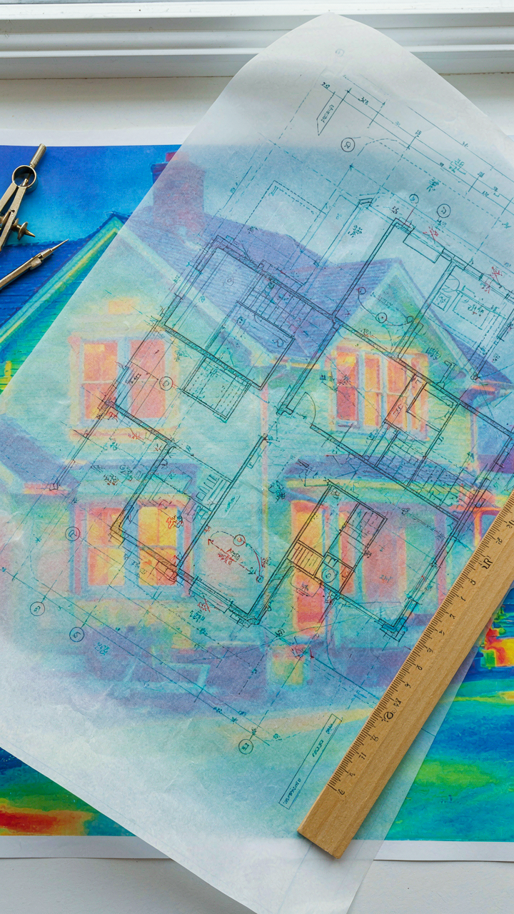 An architect's plan is shown with heat loss zones on a thermal image.