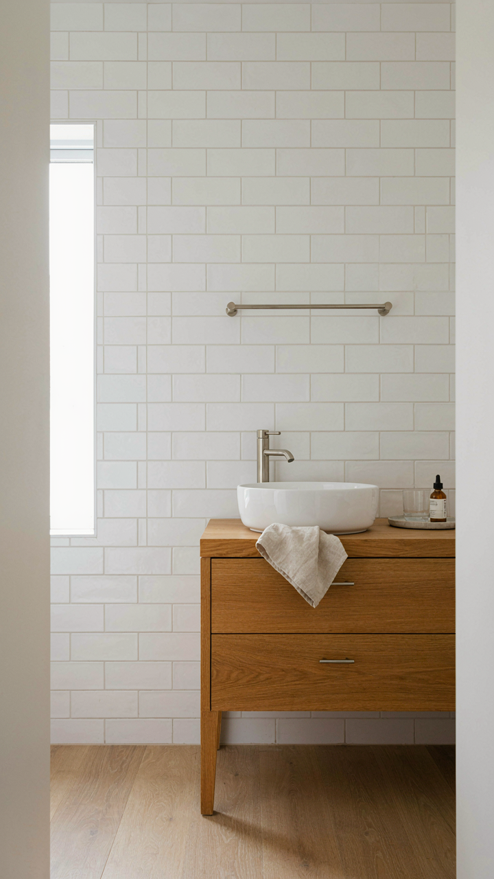 A modern bathroom with white tiles, an oak vanity, and nickel fixtures.