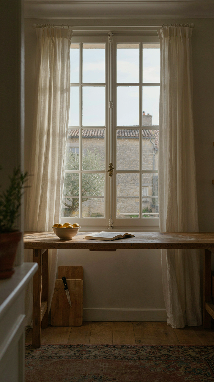 Bright sunlight pours through a large window in a country kitchen.