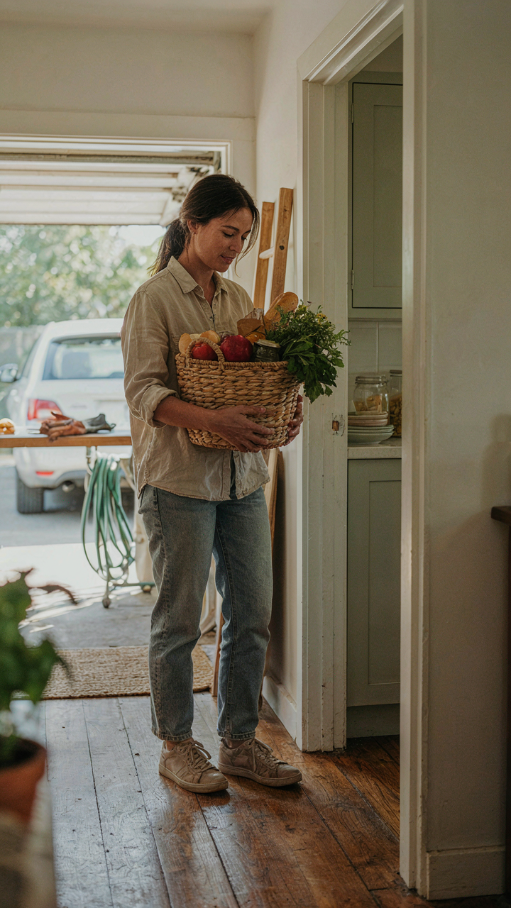 A person bringing groceries from a garage into a kitchen pantry.