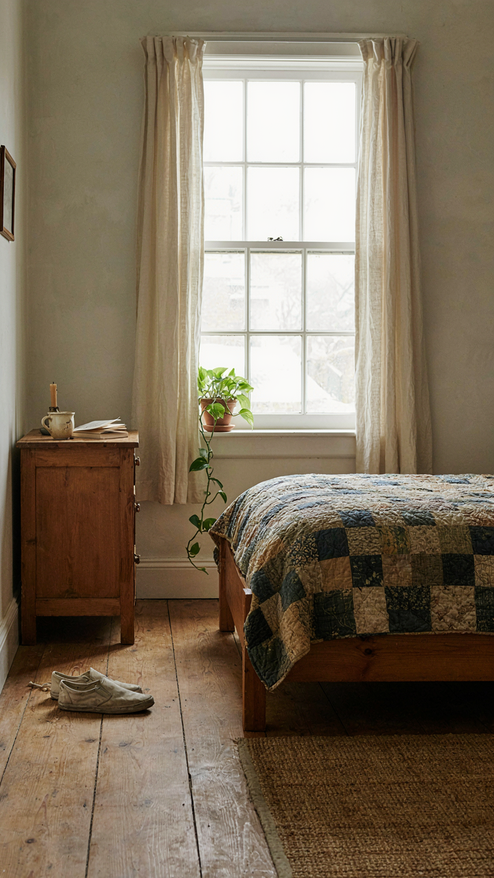A simple country bedroom with a handmade quilt on the bed and one wooden nightstand.