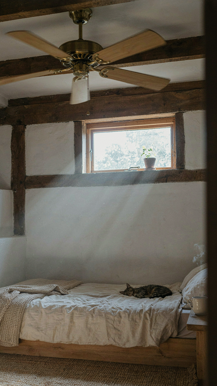 A ceiling fan circulates air in a tiny cottage loft with sunlight from a clerestory window.