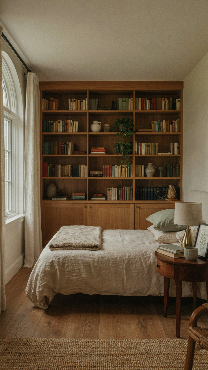 A built-in bookshelf integrated into a bedroom wall for storage.