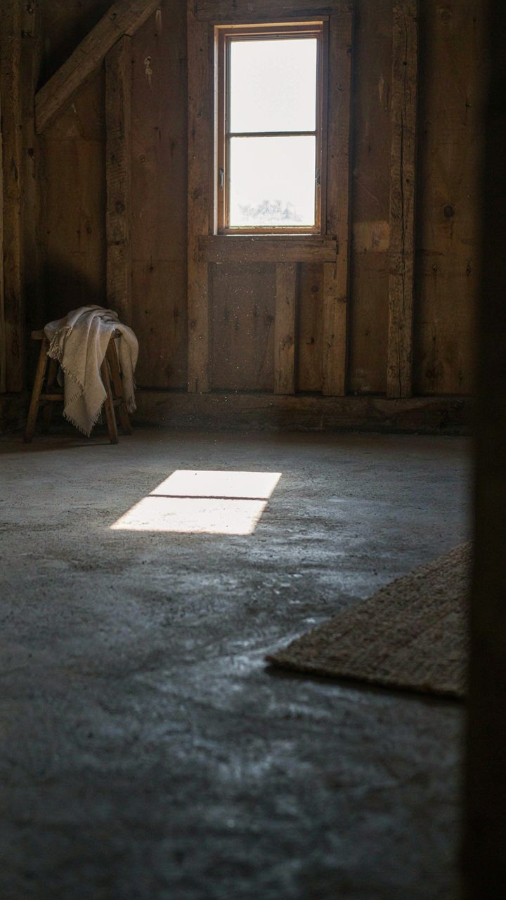 Sunlight warms a concrete floor inside a small barn house.