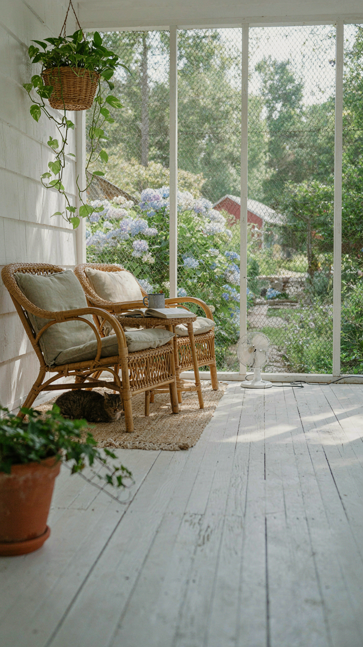 A screened porch on a small cottage with chairs and a fan.