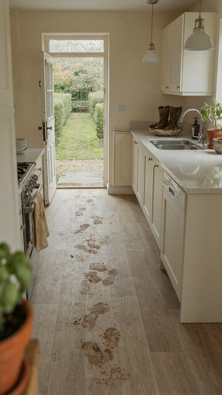 Muddy boot prints track from a garden path into a small, clean kitchen.