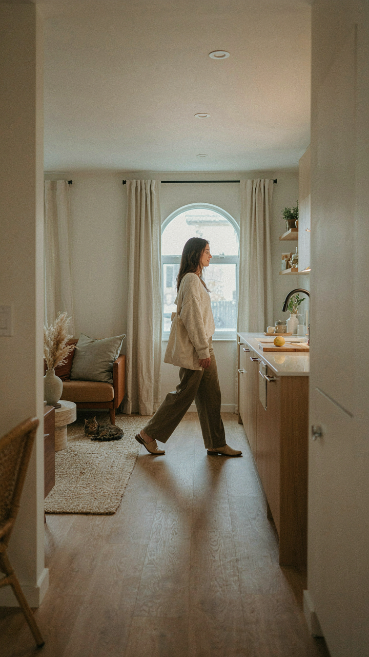 A person walks a clear path through a well-designed 1000 square foot craftsman bungalow floor plan.