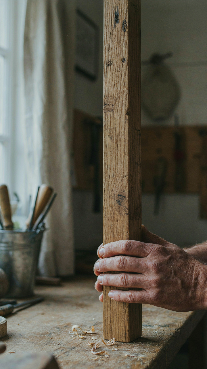 A carpenter's hands inspecting a reclaimed pine table leg.