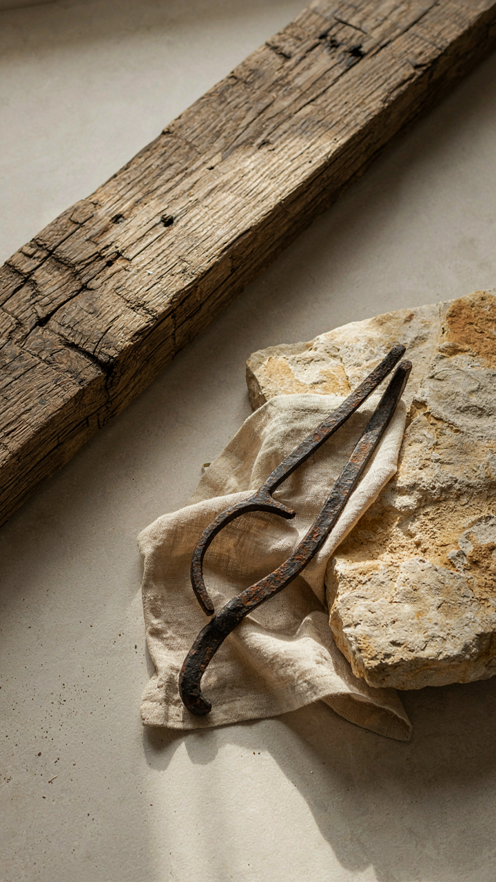 Close-up of raw, aged materials: oak, linen, wrought iron, and stone.