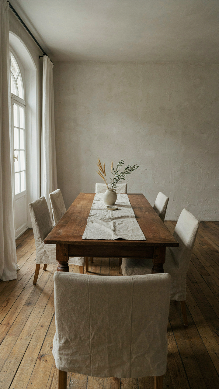 A minimalist french country dining room centered on a substantial dark wooden table.