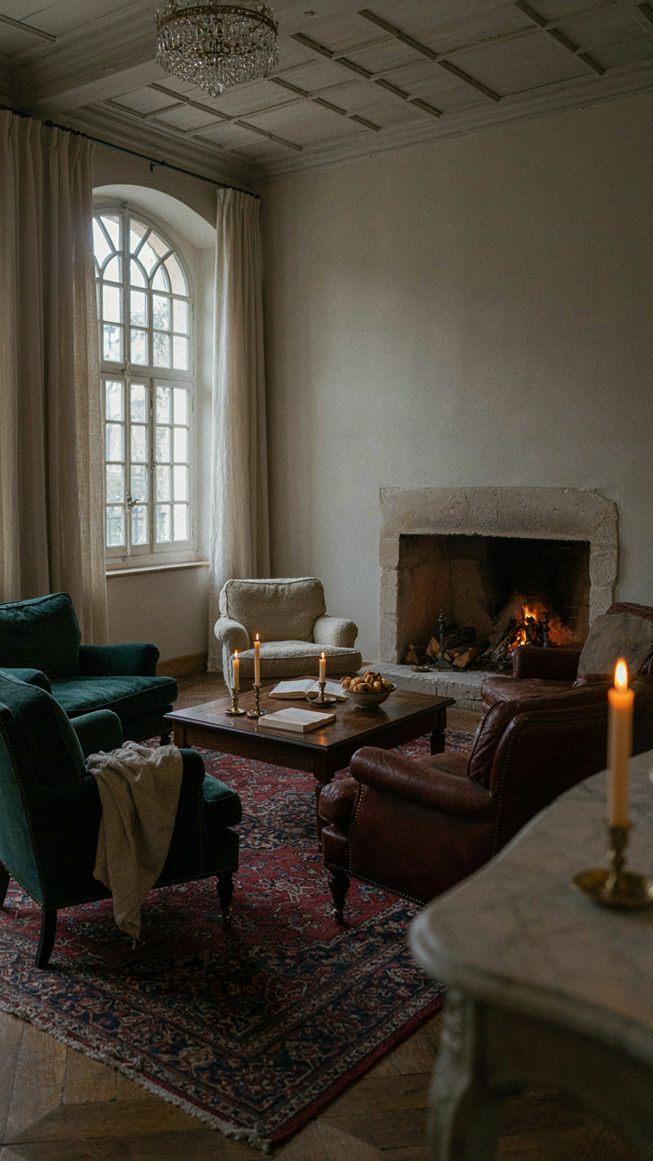An inviting French chateau living room arranged for conversation.