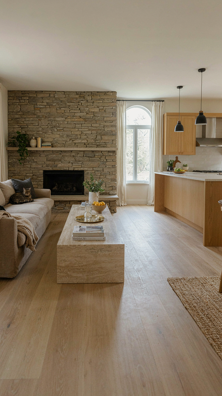 An open plan ranch style house living room with low furniture and a stone fireplace.