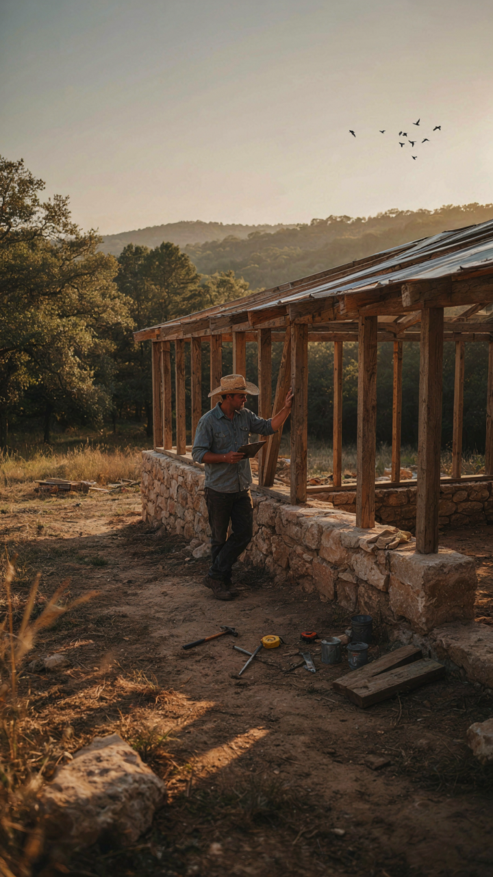 A hill country farmhouse under construction with a stone foundation and metal roof framing.