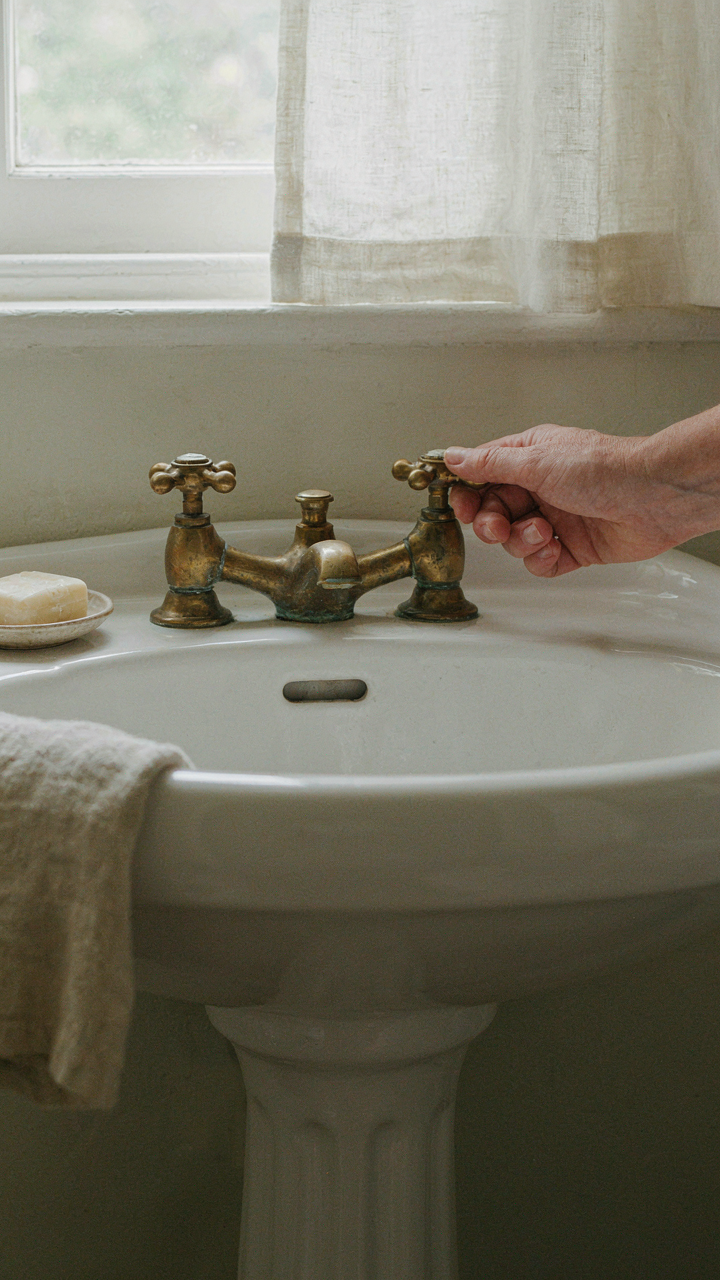 A hand easily turning a vintage brass faucet knob on a pedestal sink.