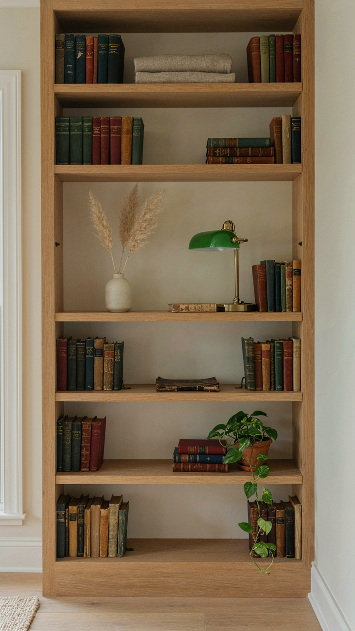 A built-in bookshelf with organized books and functional objects.