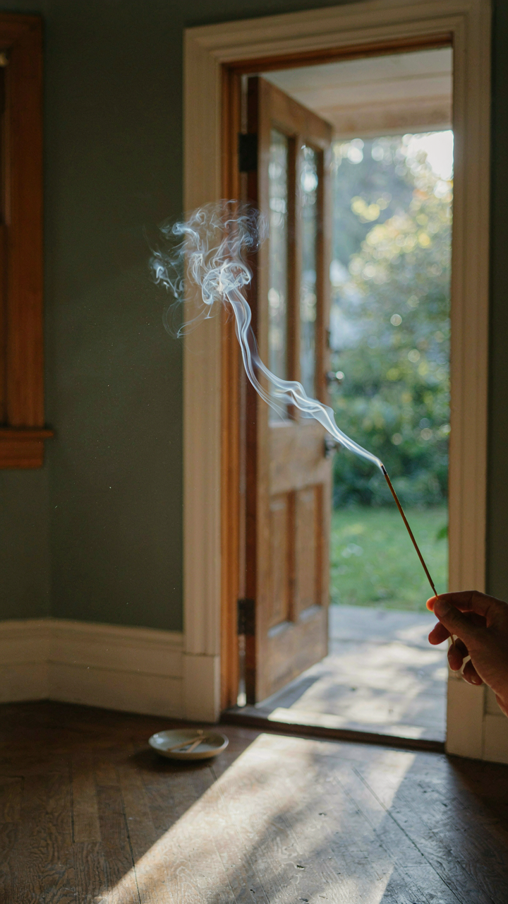 A smoke stick reveals air movement near an open doorway in a bungalow interior.