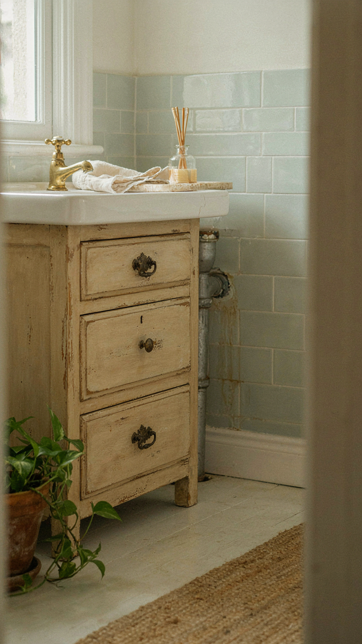An old wooden dresser serves as a cottage bathroom vanity, showing authentic wear.