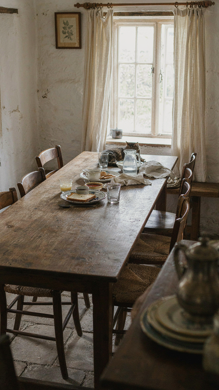 An antique English dining table showing signs of wear and historical use.