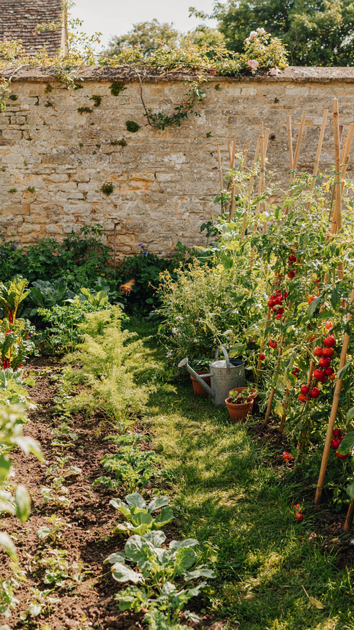 A thriving vegetable garden against a stone wall of an English farmhouse.
