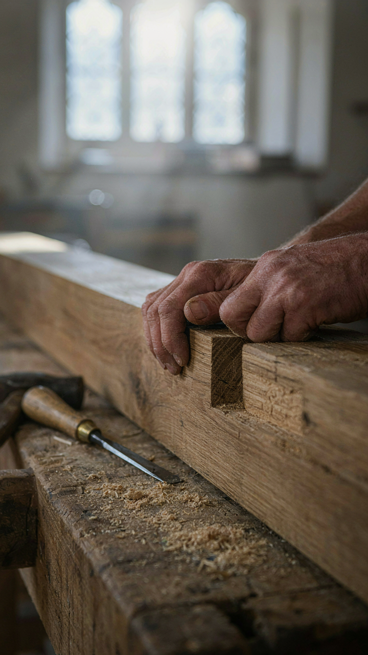 A carpenter joins two wooden beams with traditional mortise and tenon.