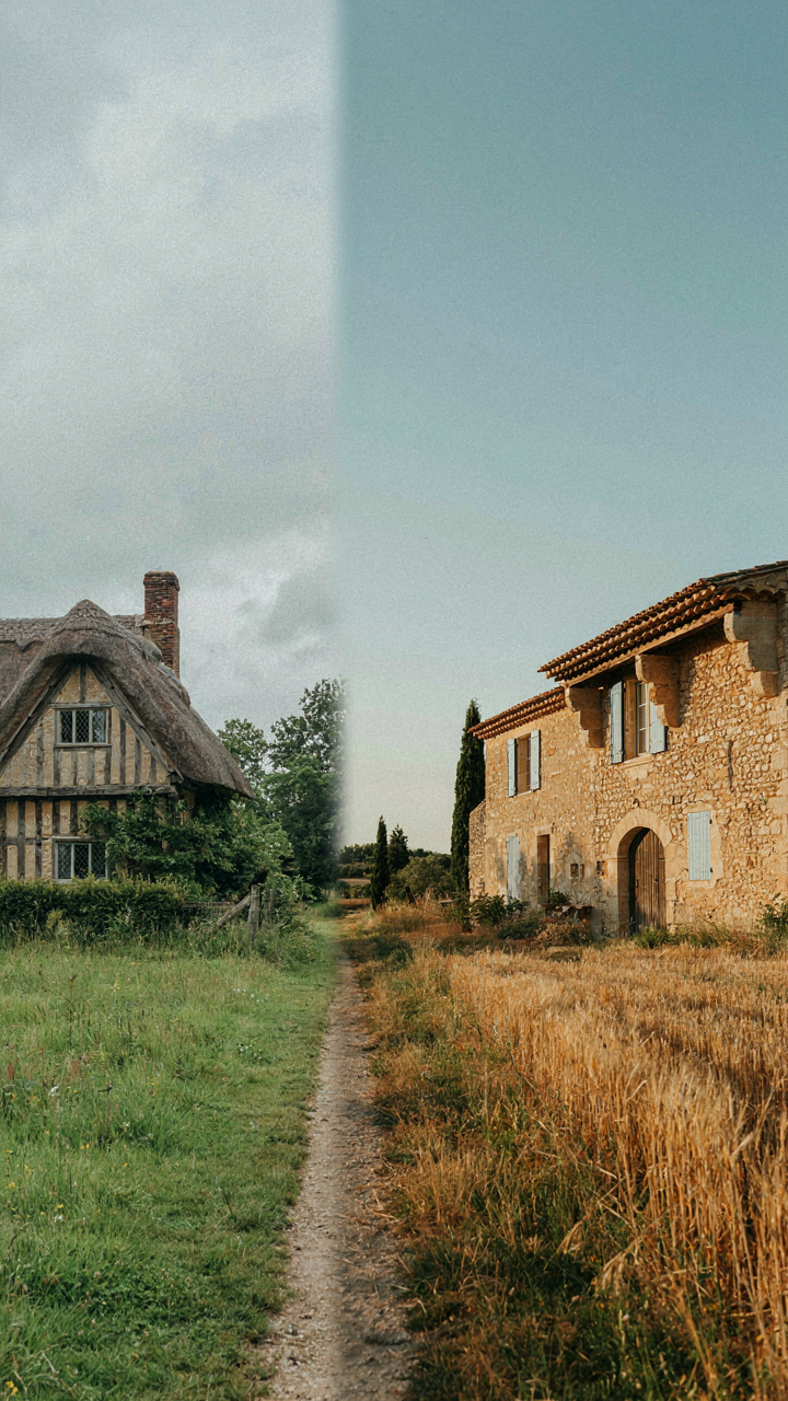 Two cottages, one English with a steep roof, one French with a shallow roof.