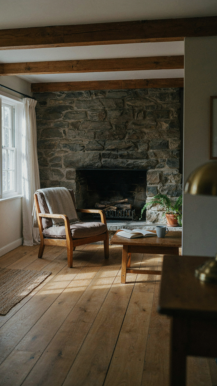 A cottage living room with a low wood ceiling and a stone fireplace.
