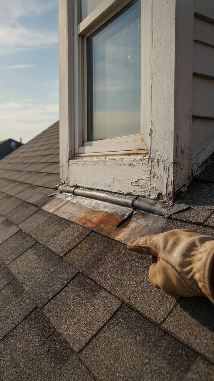 A hand points at cracked flashing near a cottage dormer window on a roof.