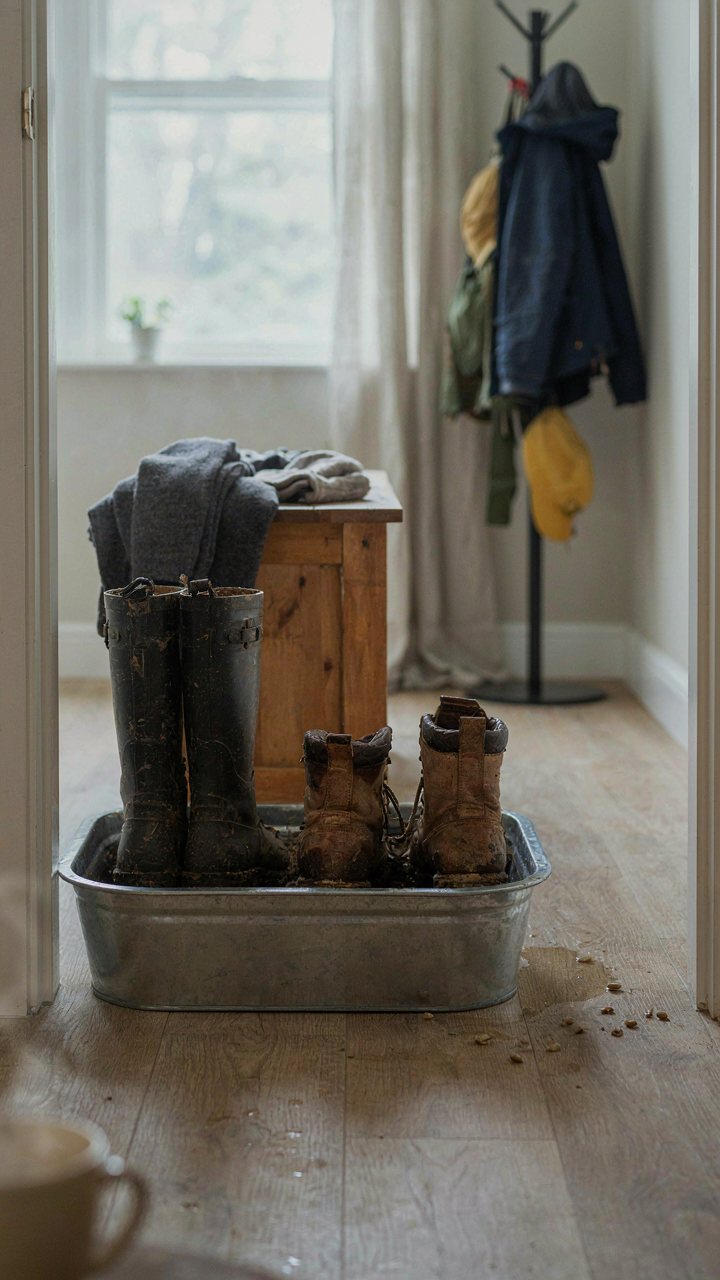 A wide, shallow boot tray collecting muddy boots by a mudroom entry.