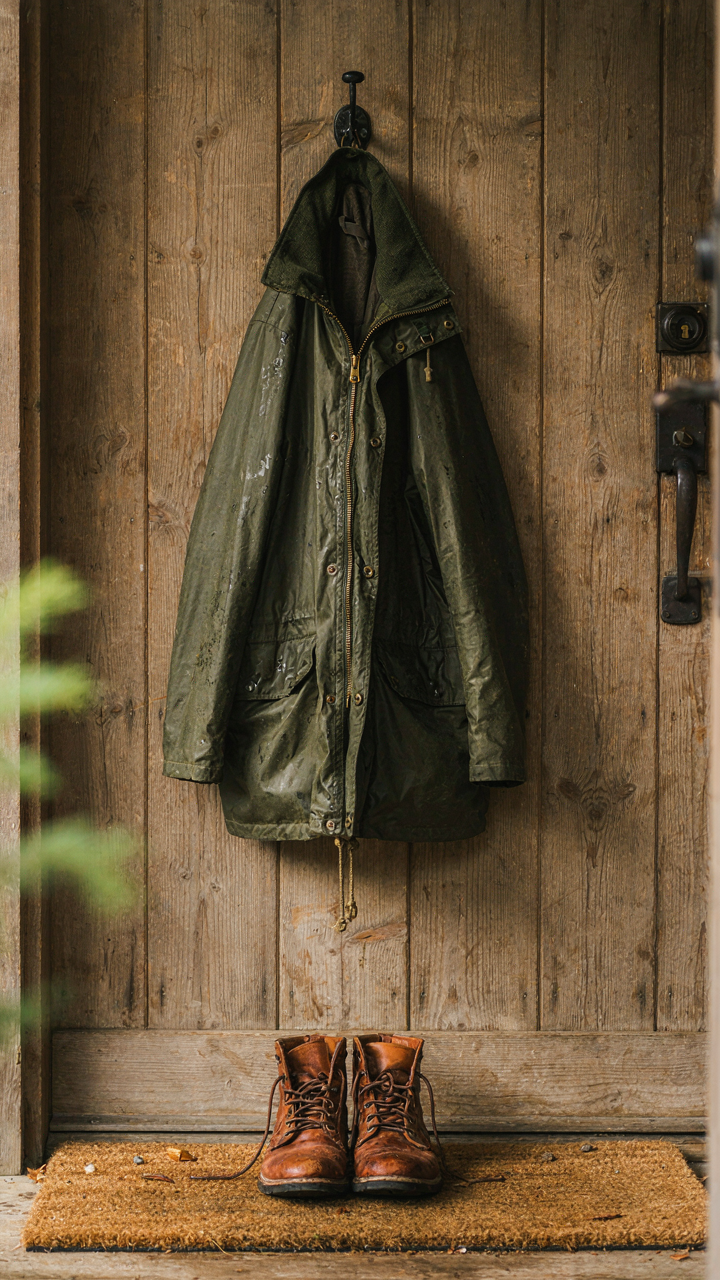 A wet jacket hangs on an eye-level hook in a cabin entryway, with muddy boots below.