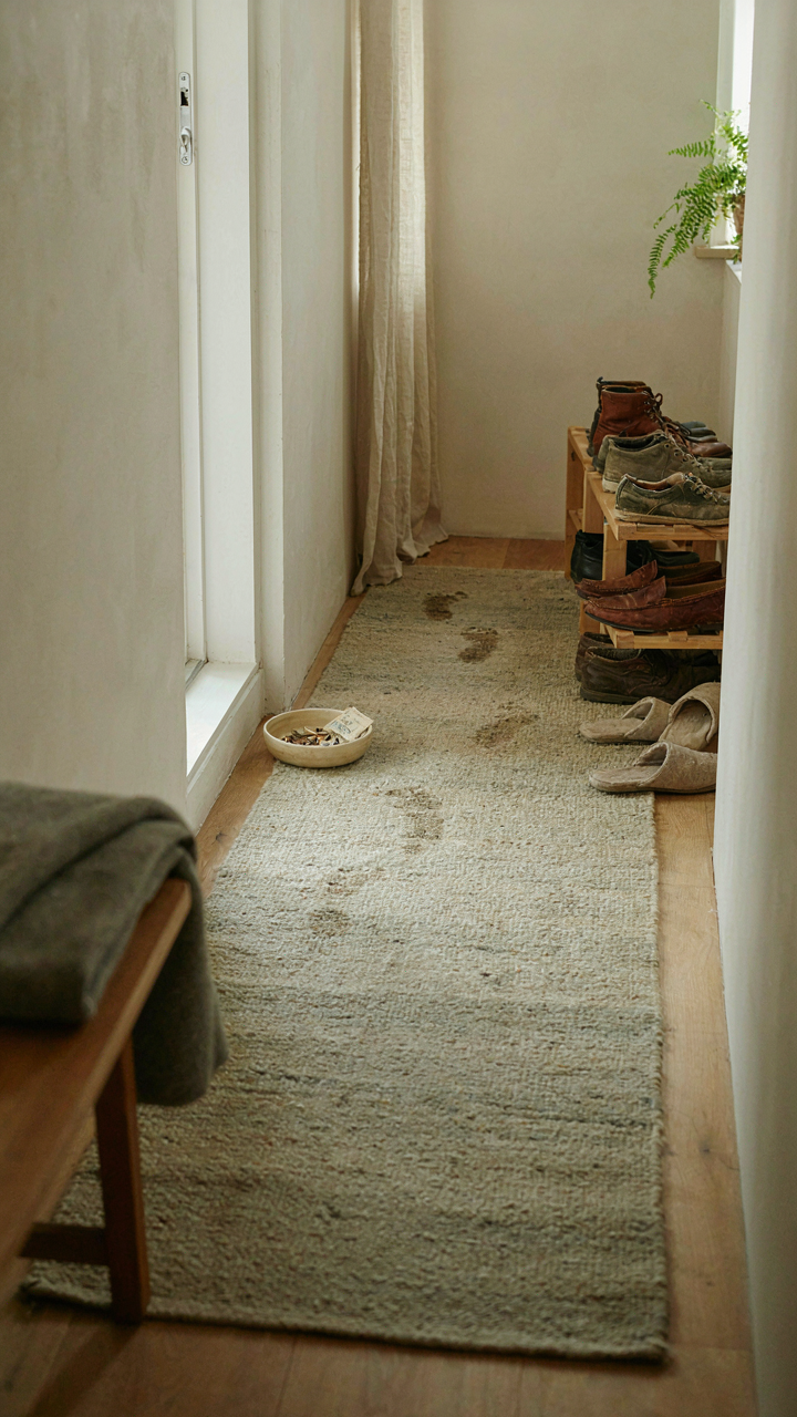 A worn path on a rug leading to a shoe rack in a cottage entryway.