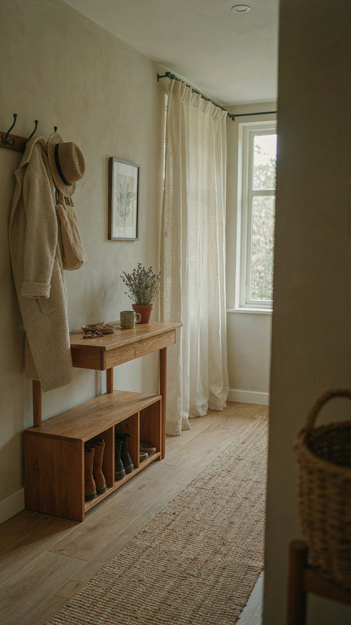 A functional cottage entryway with a hall table, shoe bench, and wall coat rack.