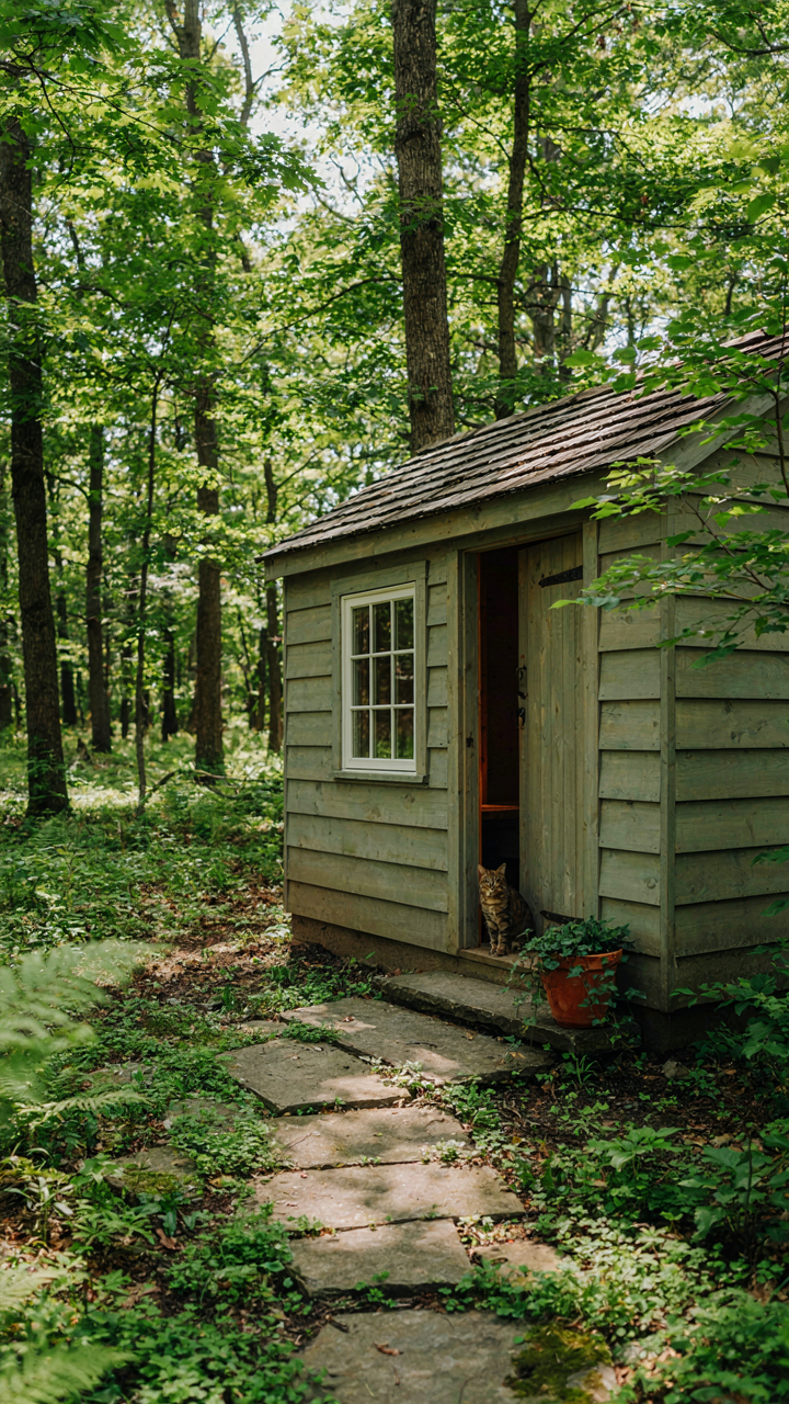 A she shed painted in an earthy tone, blending with the trees.