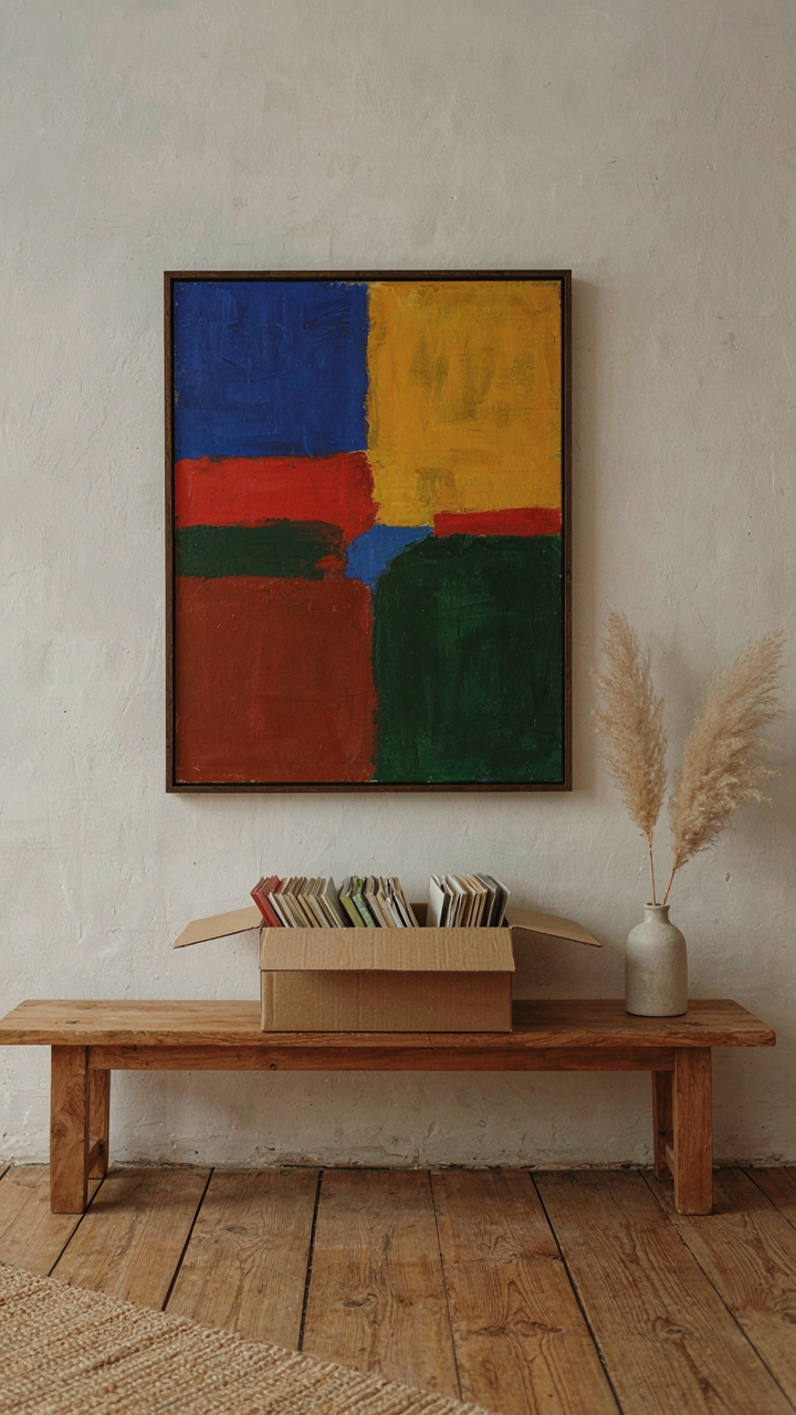 A vibrant art piece hangs on a minimalist wall with stored prints below.