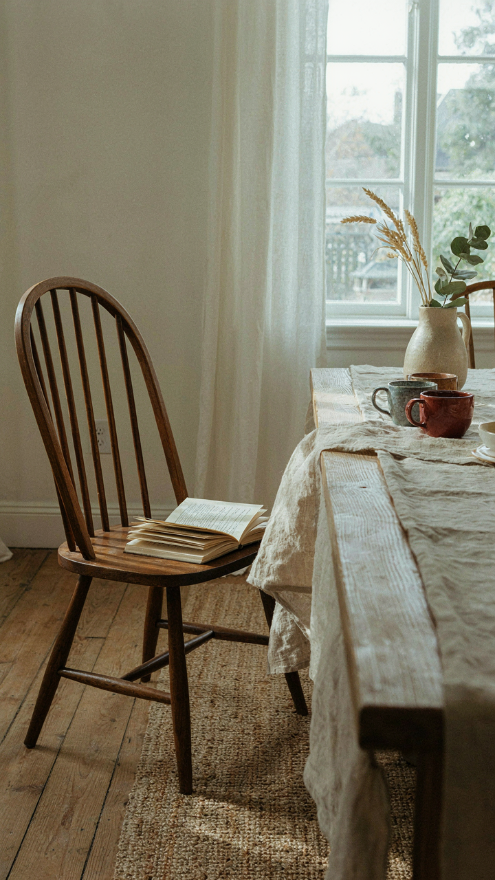 A sturdy, dark wood Windsor chair designed for comfortable, long dinners.