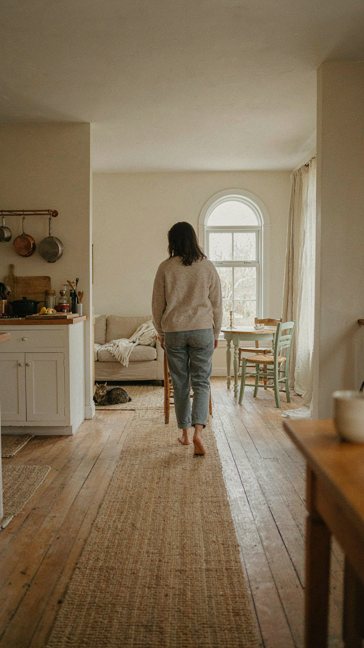 A person walks easily through a wide, clear pathway in a small home.