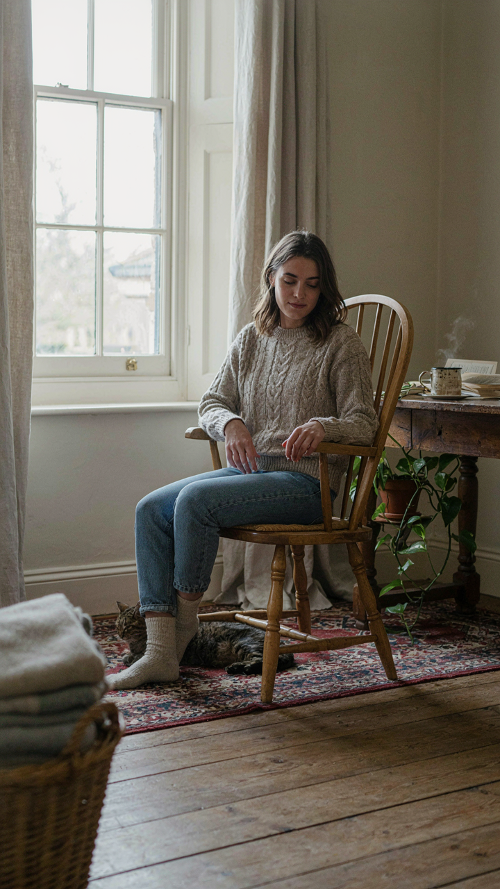 A person tests the ergonomic comfort of a traditional wooden Windsor chair.