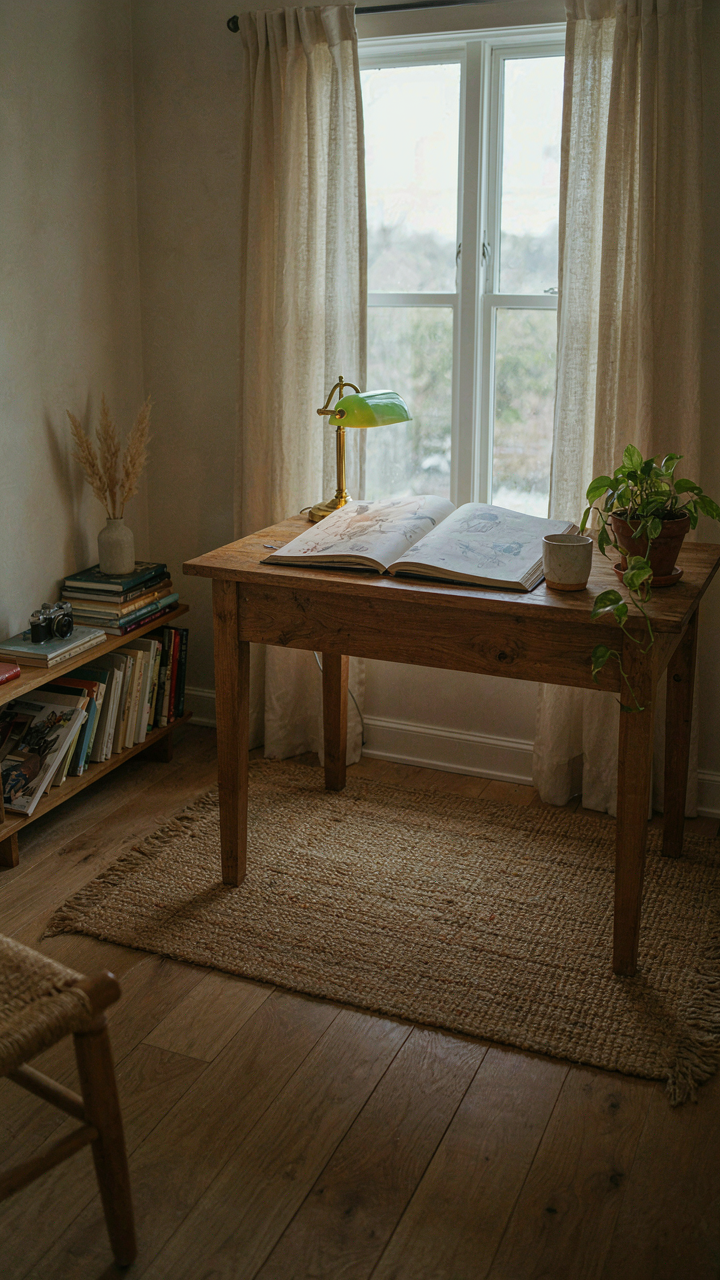 An empty guest cabin interior set up as a personal office or studio space.