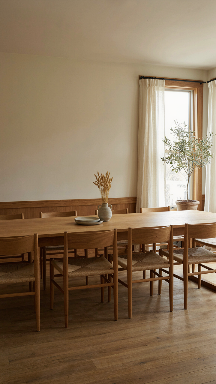 A prairie style dining area with a long oak table and low chairs.